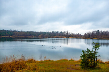 Autumn landscape by the lake and shore. Pond in autumn, yellow leaves, reflection. High quality photo