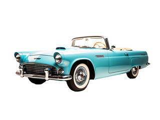 a blue convertible car with a white wall