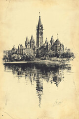 Naklejka premium Ottawa, Canada, color pen pencil hand-drawn effect drawing illustration for travel poster, card, wallpaper, backdrop or banner. Modern, clear, artistic and simple