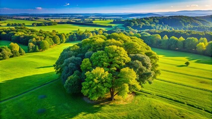 From above, a verdant tree stands out amidst a colorful natural tapestry, framed by flourishing greenery under the