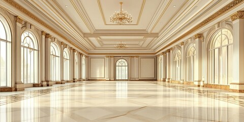 Obraz premium luxury ivory hotel ballroom with wooden intricate royal carving wall and elegant marble floor 