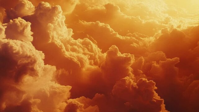 Camera is raising above from the thick fog above the beautiful ocean of clouds at sunrise. Sun is rising above the endless sea of clouds until the horizon. Amazing nature landscape, 4K drone in sky