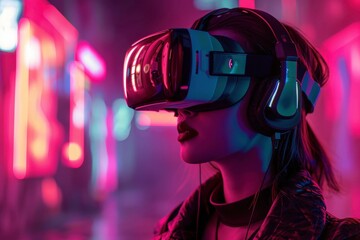 People are immersed in a virtual reality experience with a neon light background suitable for technology and gaming concepts in futuristic design. Generative AI