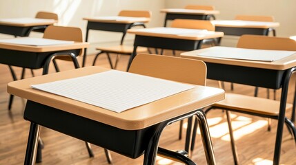 Naklejka premium School Exam Sheets arranged on individual desks in a sunlit classroom