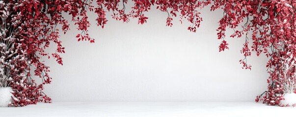 A serene scene featuring vibrant red leaves cascading over a pristine white background, evoking a sense of calm and beauty in nature.