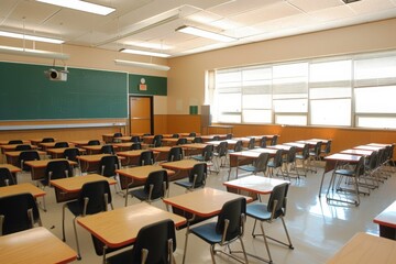 Empty classroom with desks, chairs, projector screen, and bulletin boards. Ideal for educational, school related, back to school, or classroom themed designs. Generative AI