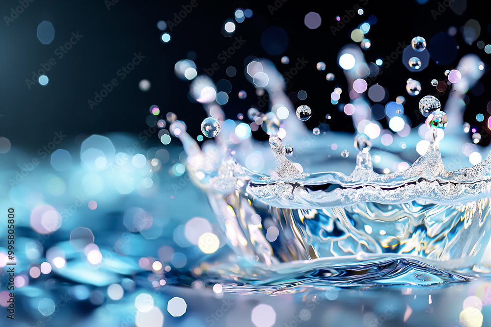 Poster a dynamic water splash forms droplets that illuminate the blue background, creating a captivating an