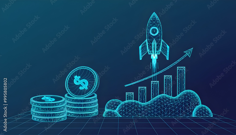 Poster digital rocket, coins, and graph chart. abstract growing diagrams and a stack of dollar coins. space
