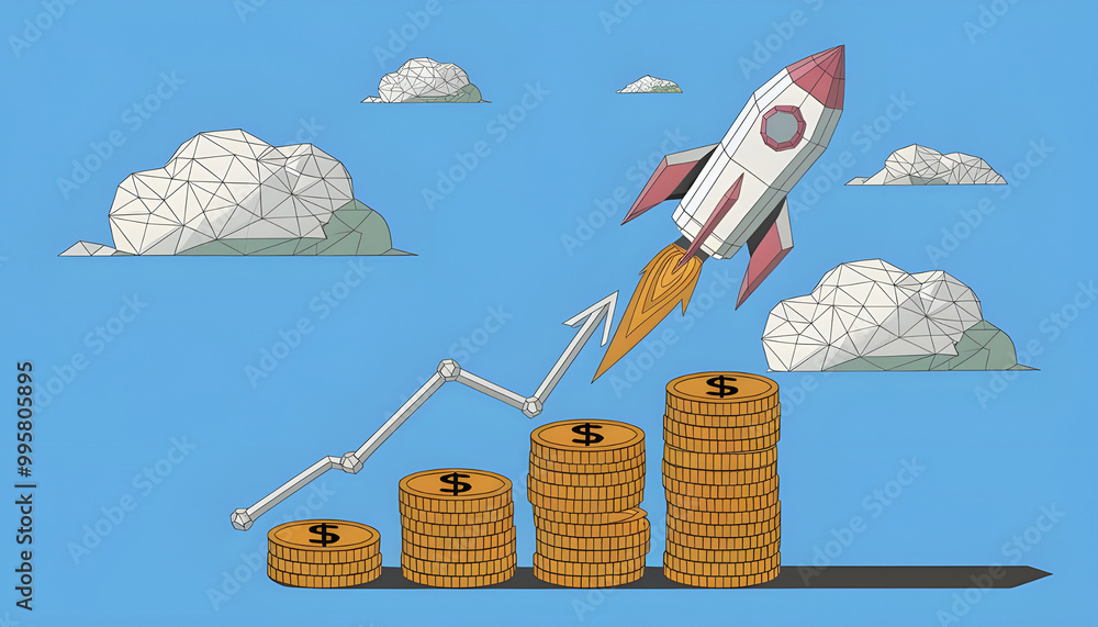 Poster digital rocket, coins, and graph chart. abstract growing diagrams and a stack of dollar coins. space