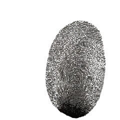 Vector black fingerprint in white isolated. background.Fingerprint Icon, Finger Print Identity Symbol, Grunge Thumbprint Sign, Fingerprint Silhouette, ID Graphic Element, Touch Vector Illustration.	