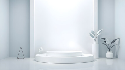 Minimalist White Interior Scene with Plants and Podium