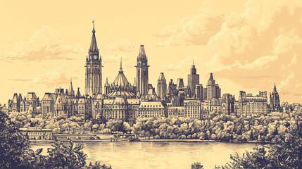 Fototapeta premium Ottawa, Canada, color pen pencil hand-drawn effect drawing illustration for travel poster, card, wallpaper, backdrop or banner. Modern, clear, artistic and simple