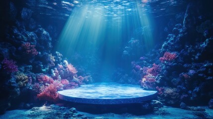 Obraz premium Underwater Scene with Sunbeams and a Circular Platform Amidst Coral Reef