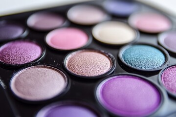 Naklejka premium Soft pink and lilac makeup palette featuring shimmer and matte finishes arranged in a grid with a radiant pastel color scheme for a subtle and delicate beauty aesthetic