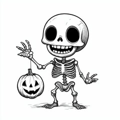 Cute Skeleton Holding Halloween Pumpkin for Coloring Book