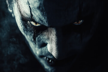 Obraz premium A close-up of a sinister figure with dark, textured skin and piercing yellow eyes, evoking a haunting and eerie atmosphere.