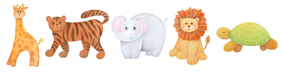 children's cute animal set, elephants, lions, giraffes, turtles, tigers. hand drawn watercolor jungle illustrations collection isolated. African tropical forest, Savana animals