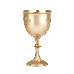 A gold cup with a leaf design sits on a white background
