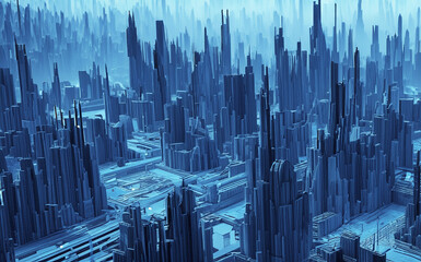 Abstract blue buildings on a futuristic planet with top view of AI generated skyscrapers