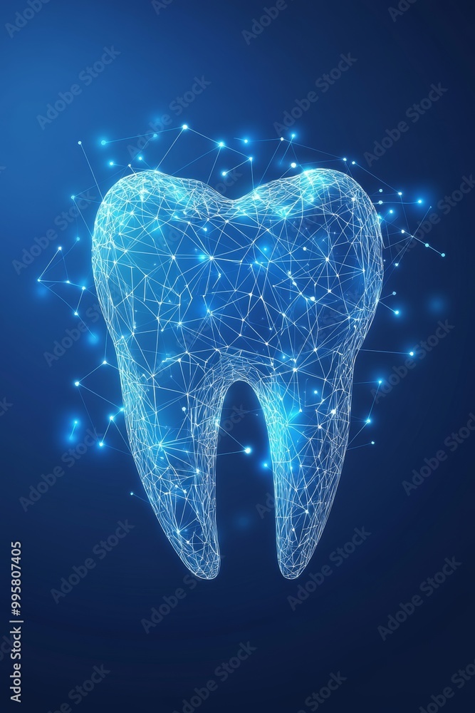 Poster abstract digital tooth on blue background. polygonal tooth design with connecting lines and dots.