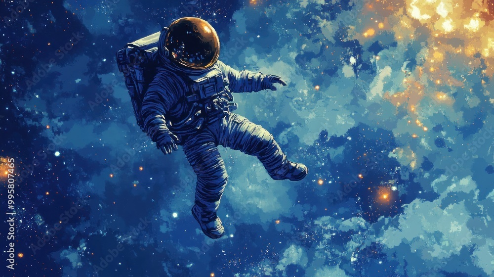 Poster astronaut floating in space with a starry sky background