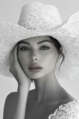 Monochrome Elegance: Fashion Model with Obscured Face Holding Mirror in Artistic Pose.