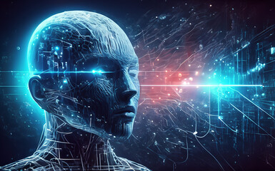 Blue virtual intelligence person face on dark background with circuits, digital AI assistance