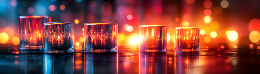 Five Glass Cylinders Reflecting Warm Lights, Illuminated by Abstract Bokeh Background, Displaying a Composition of Light and Transparency