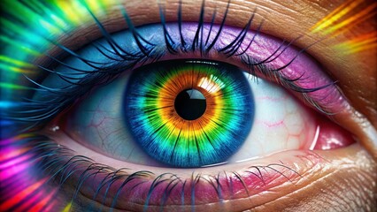 Human eye showing colorful rainbow colored iris detail