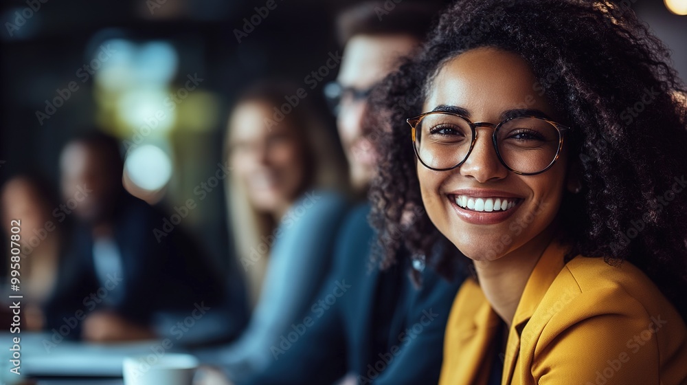 Poster Smiling Woman in Meeting Setting with Colleagues