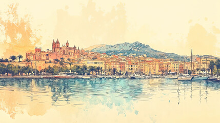 Palma de Mallorca, color pen pencil hand-drawn effect drawing illustration for travel poster, card, wallpaper, backdrop or banner. Modern, clear, artistic and simple