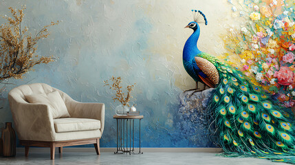 Peacock Painting Wall Mural with Armchair and Side Table