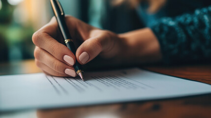 person is signing document with pen, showcasing focused and professional atmosphere. hand is elegantly poised, emphasizing importance of agreement