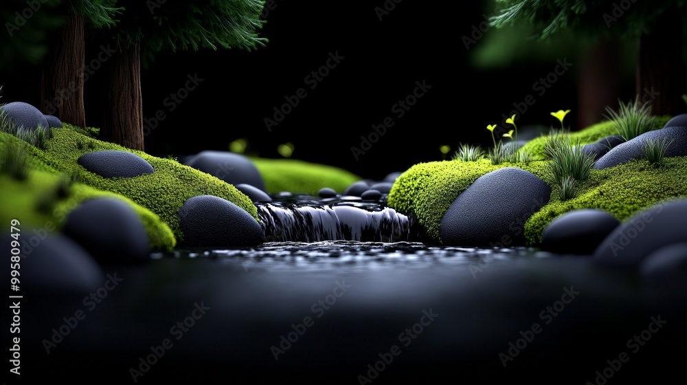 Poster serene forest stream: a mesmerizing 3d render of a tranquil stream flowing through a lush, mossy for