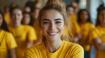 Fototapeta premium Yellow-shirted volunteers working together in harmony, embodying the spirit of community and positivity, selective focus, volunteer theme, dynamic, Multilayer, Community center backdrop