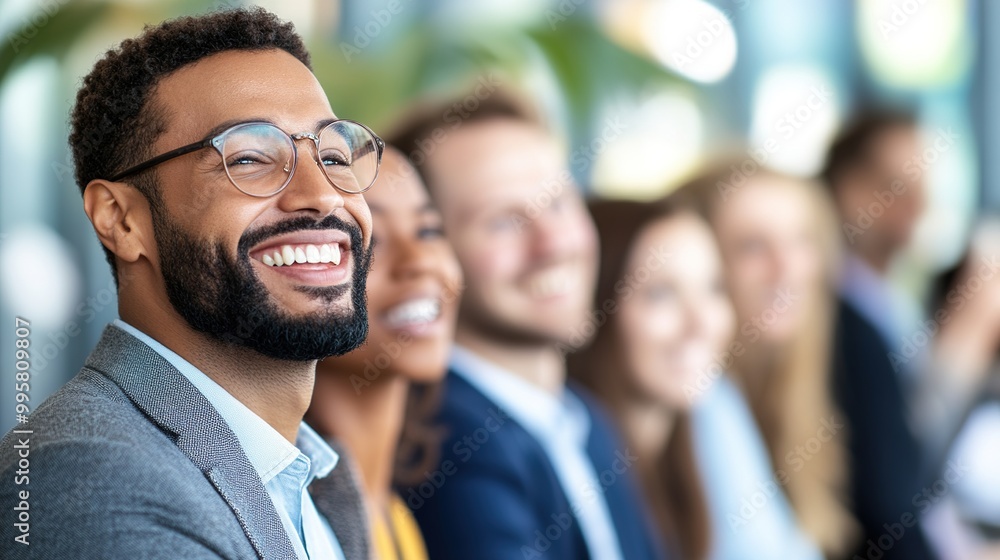 Poster smiling man in professional setting with diverse group