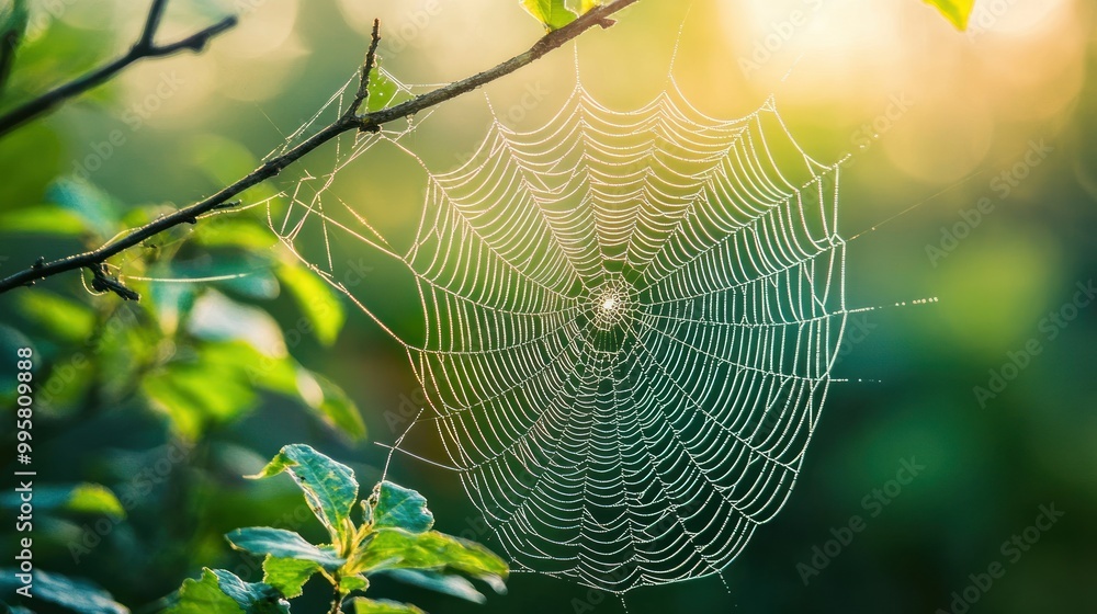 Canvas Prints Dew-Covered Spider Web on a Branch in the Sunlight