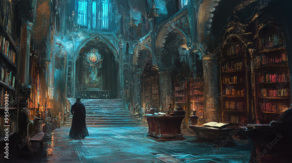 Poster mysterious library filled with ancient books and illuminated by ethereal light creates enchanting at