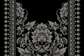 vintage damask pattern in black and white. Ornate floral design with intricate details. Perfect for wallpaper, fabric, or packaging design.
