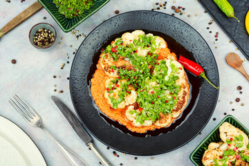 Baked spicy cauliflower with yogurt sauce
