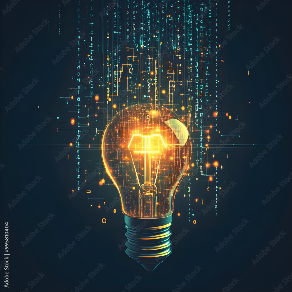 Fototapete a light bulb integrated with digital circuit lines and binary digits, floating on a minimalist flat 