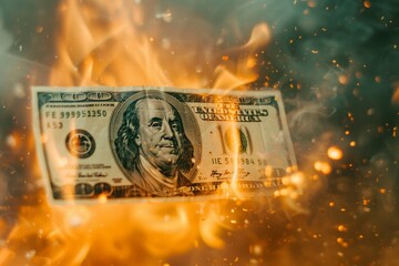Switch to a slow-motion shot of the dollar bill disintegrating in flames, underscoring the irreversible nature of economic destruction. , background blur