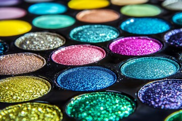 Vibrant and colorful glittery eyeshadow palette with a wide range of bright tones arranged in a circular grid capturing a fun and bold beauty look