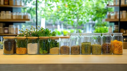 A row of glass jars filled with different types of herbs and spices
