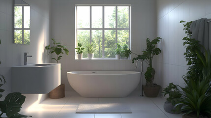 Fototapeta premium Modern Bathroom Interior Design with White Tiles, a Freestanding Tub, and Lush Greenery