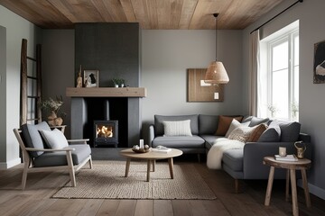Grey Daybed Sofa and Fireplace in Rustic Scandinavian Living Room Interior Design
