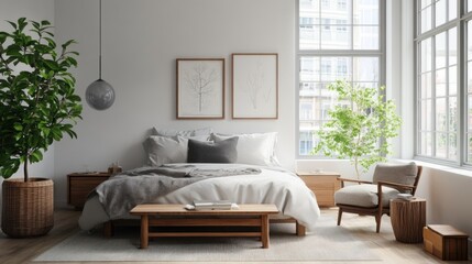 A serene bedroom featuring minimalistic decor, with a neatly made bed and lush greenery, providing a calm ambiance.