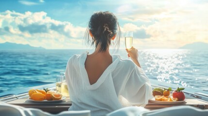 A young Asian woman enjoying a refreshing drink on a luxury yacht, gazing at the tranquil sea and picturesque sky.