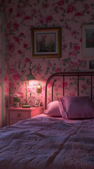 A Softly Lit Bedroom with Floral Wallpaper and a Pink Bedspread