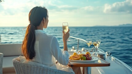 A young Asian woman enjoying sparkling wine and a fruit platter on a yacht, overlooking a serene ocean at sunset.
